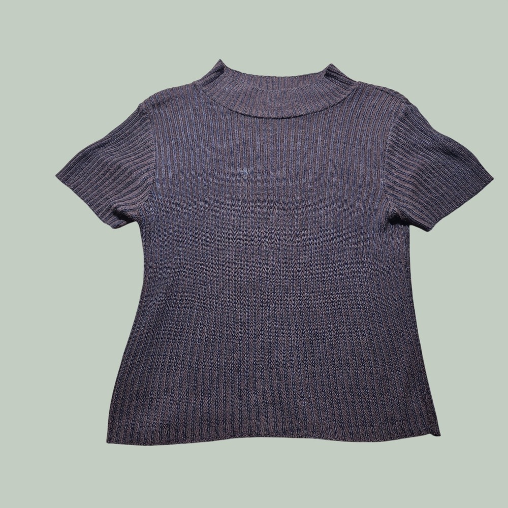 B. Joy New York Paris Brown Ribbed Mock Neck Short Sleeve Knit Top Medium